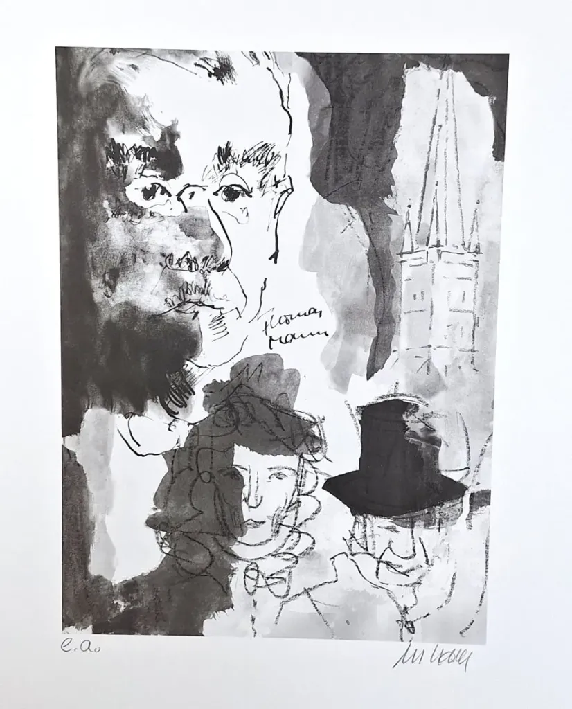 Thomas Mann und die Buddenbrooks - Porträt Thomas Mann, Petri-Kirche, Bethsy und Jean (Selbst) - 'Das Absolventenwerk' (Lithographie, signiertes Blatt, "epreuves d'artiste"-Druck)