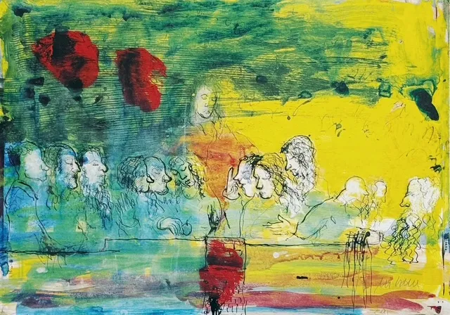 Gespräche bei Tisch (Zwölf Apostel beim Abendmahl) - (Farblithographie / 2007, num. u. signiertes Blatt: Auflage: 120 Ex.)