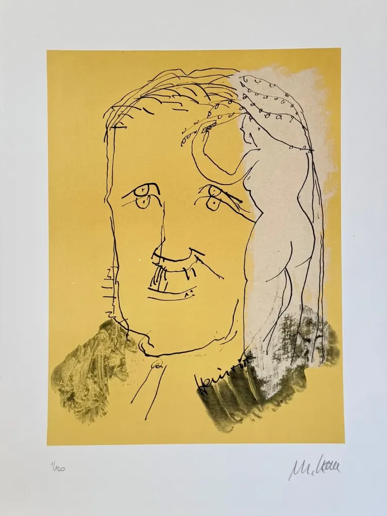 Heinrich Mann - (Heinrich Mann auf gelber Tonplatte), (Lithographie / num. u. signiertes Blatt, Auflage: 120 Ex.)