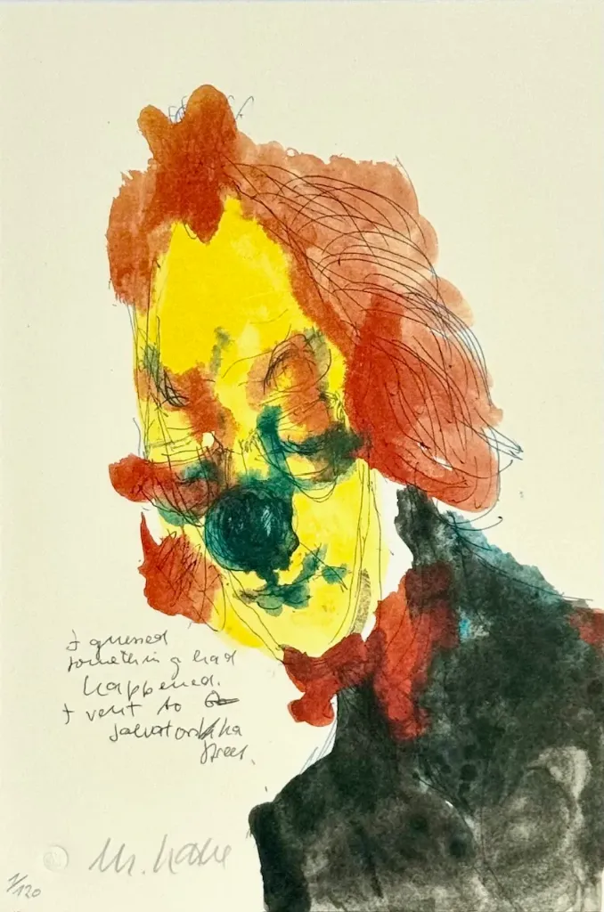 Der Clown - (Farblithographie auf Drehbuchtext 'Utz' / 2007, num. u. signiertes Blatt, Auflage 120 Ex.)