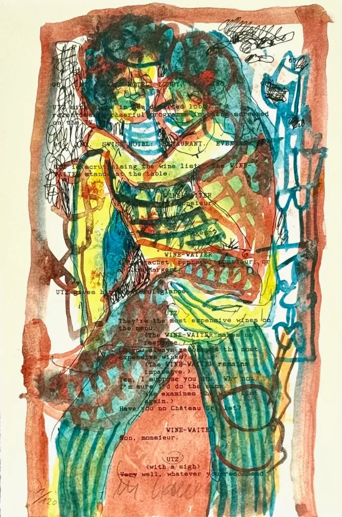 Liebespaar - (Farblithographie auf Drehbuchtext 'Utz' / 2007, num. u. signiertes Blatt, Auflage 120 Ex.)