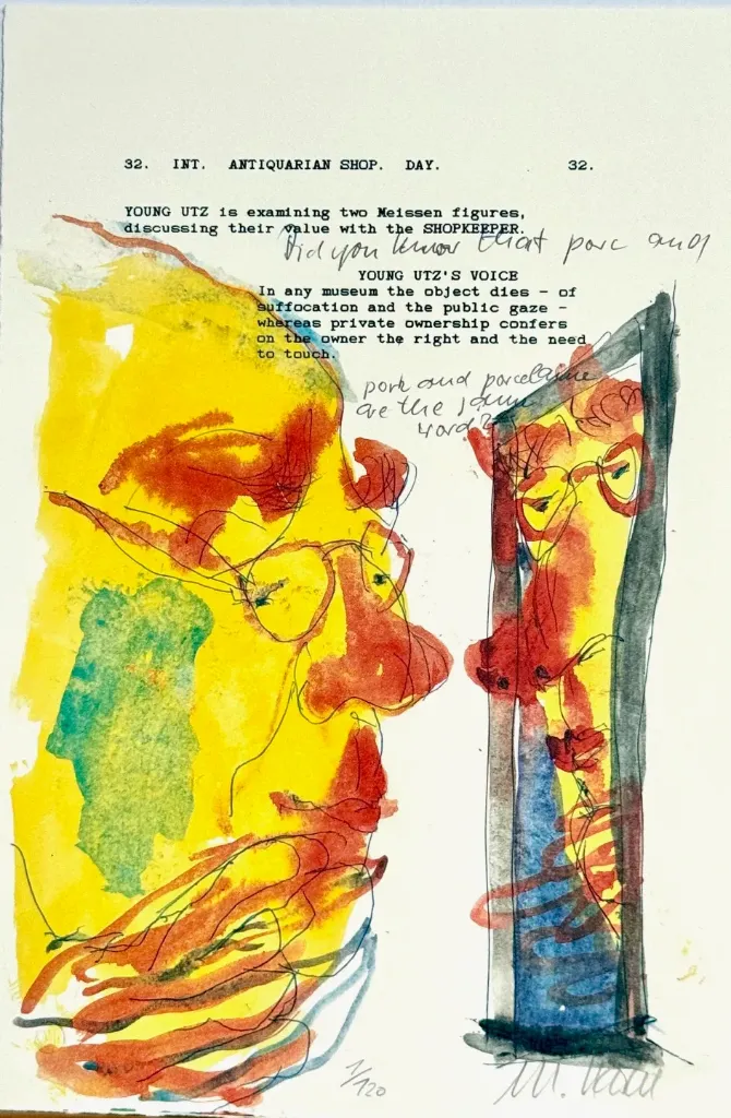 Mein Gegenüber - (Farblithographie auf Drehbuchtext 'Utz' / 2007, num. u. signiertes Blatt, Auflage 120 Ex.)
