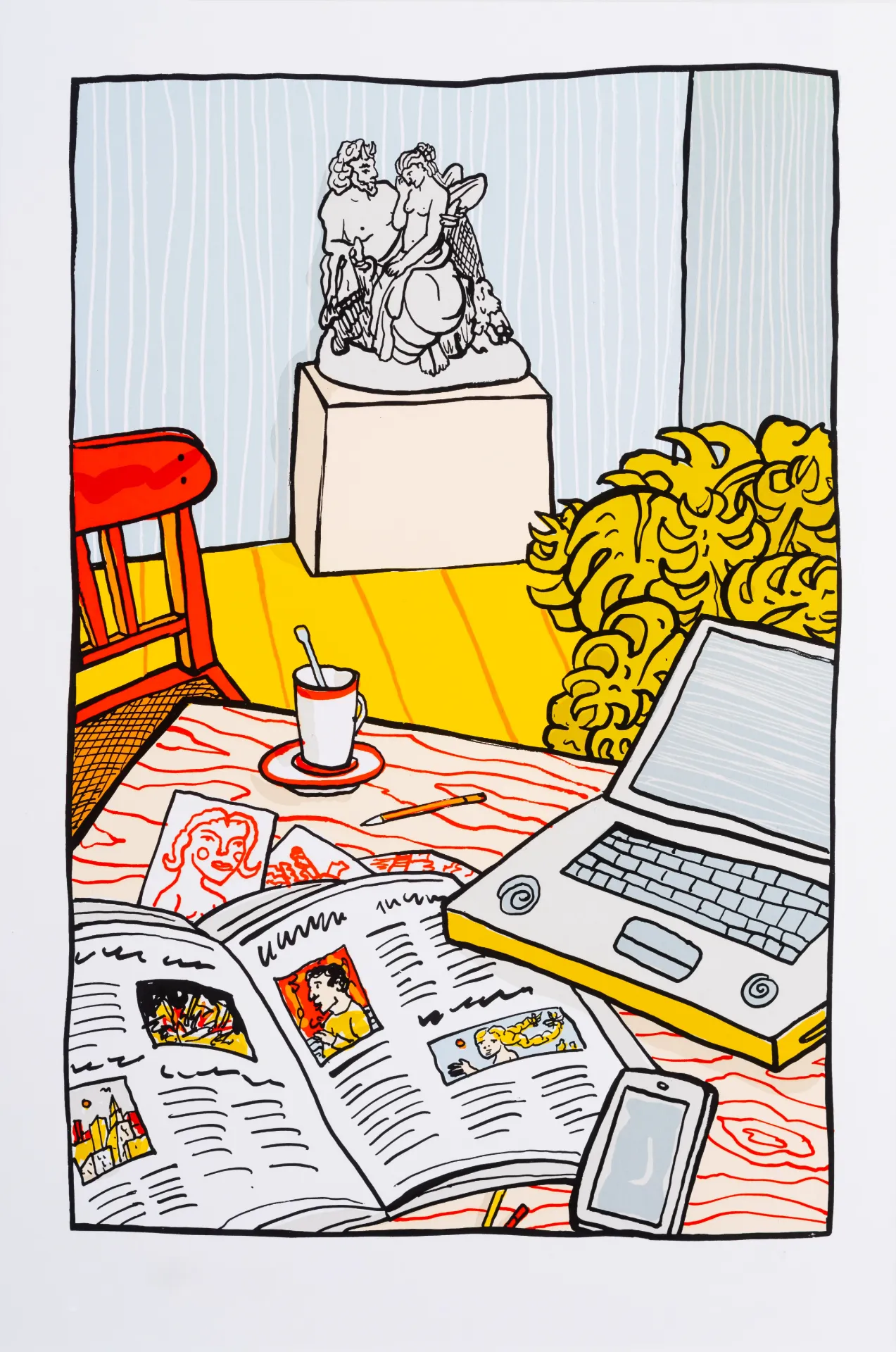 Moritz Götze (*1964): Pan tröstet Psyche - (Farbgrafik/ 2012, num. u. signiertes Blatt, Auflage: 80 Ex.)