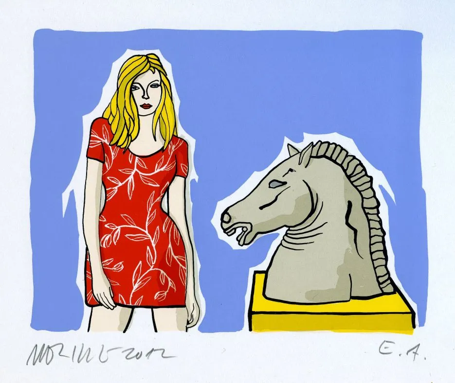 Moritz Götze (*1964): Mädchen und Antike (Pferde-Torso) - (Farbgrafik/ 2012, num. u. signiertes Blatt, Auflage: 100 Ex.)