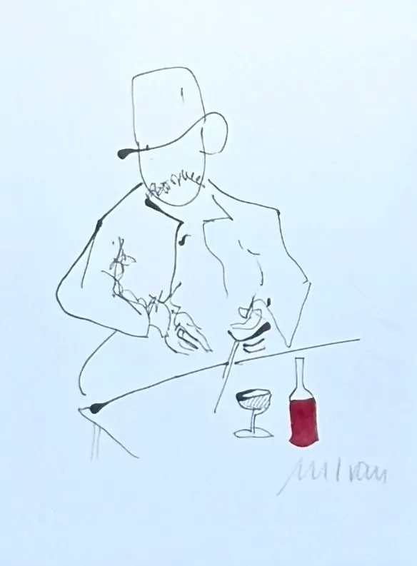 Selbst nach Dreharbeiten zu Buddenbrooks - mit Wein und Glas - koloriert in ROT / (Lithografie, signiertes Blatt, nicht nummeriert)