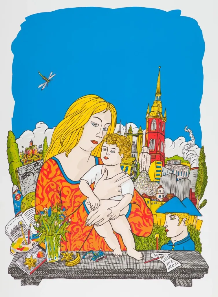 Moritz Götze (*1964): Hallesche Madonna (Dunkelblau) - (Farbgrafik / 2020, num. u. signiertes Blatt, Auflage: 50 Ex.)
