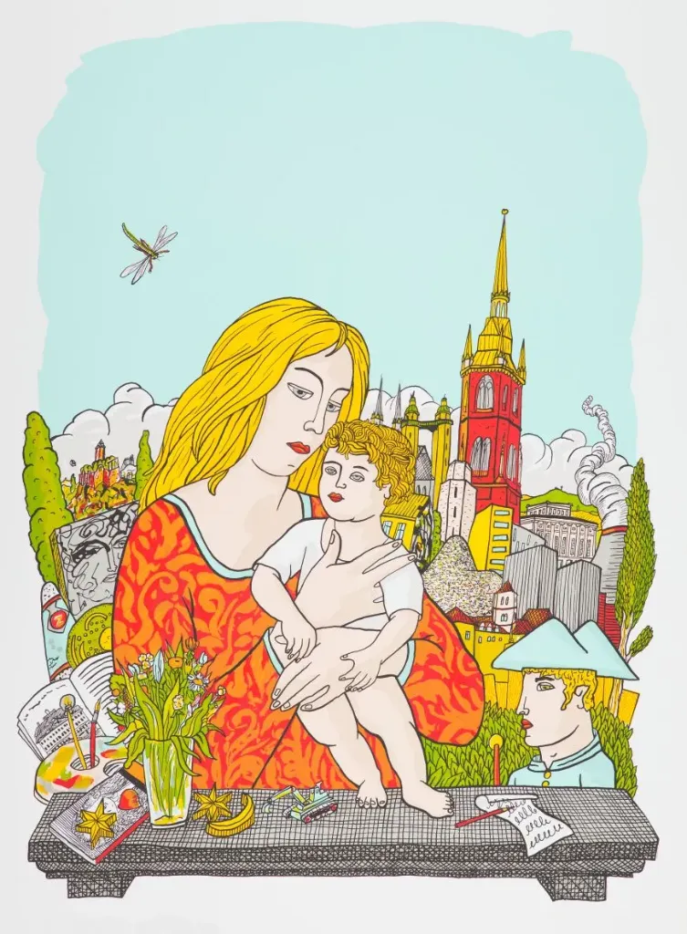 Moritz Götze (*1964): Hallesche Madonna (Hellblau) - (Farbgrafik / 2020, num. u. signiertes Blatt, Auflage: 50 Ex.)
