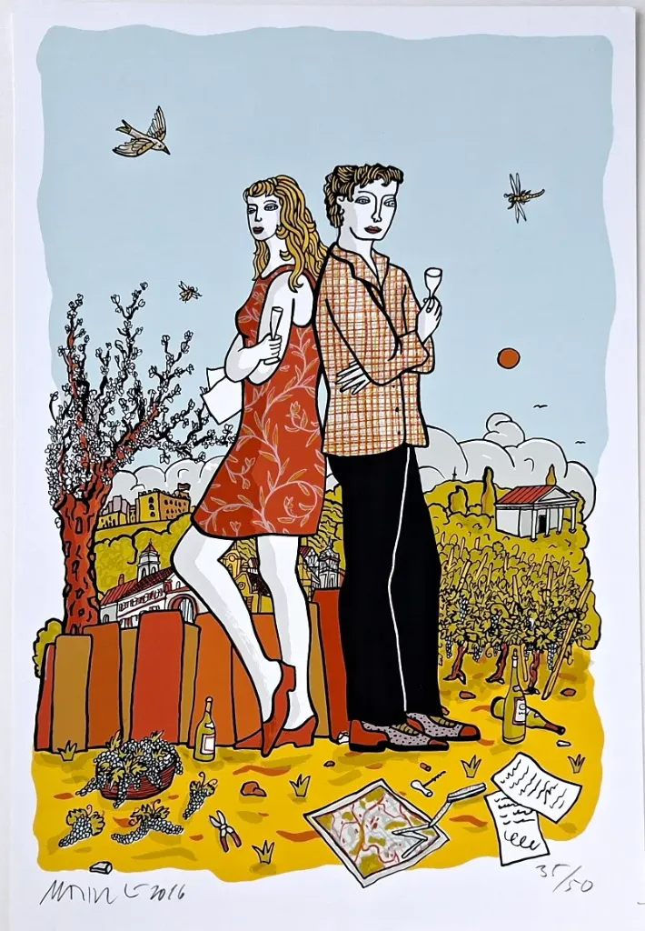 Moritz Götze (*1964):  Paar im Weinberg - (Farbgrafik / 2016, signiertes Blatt, "epreuves d'artiste"-Ex.)