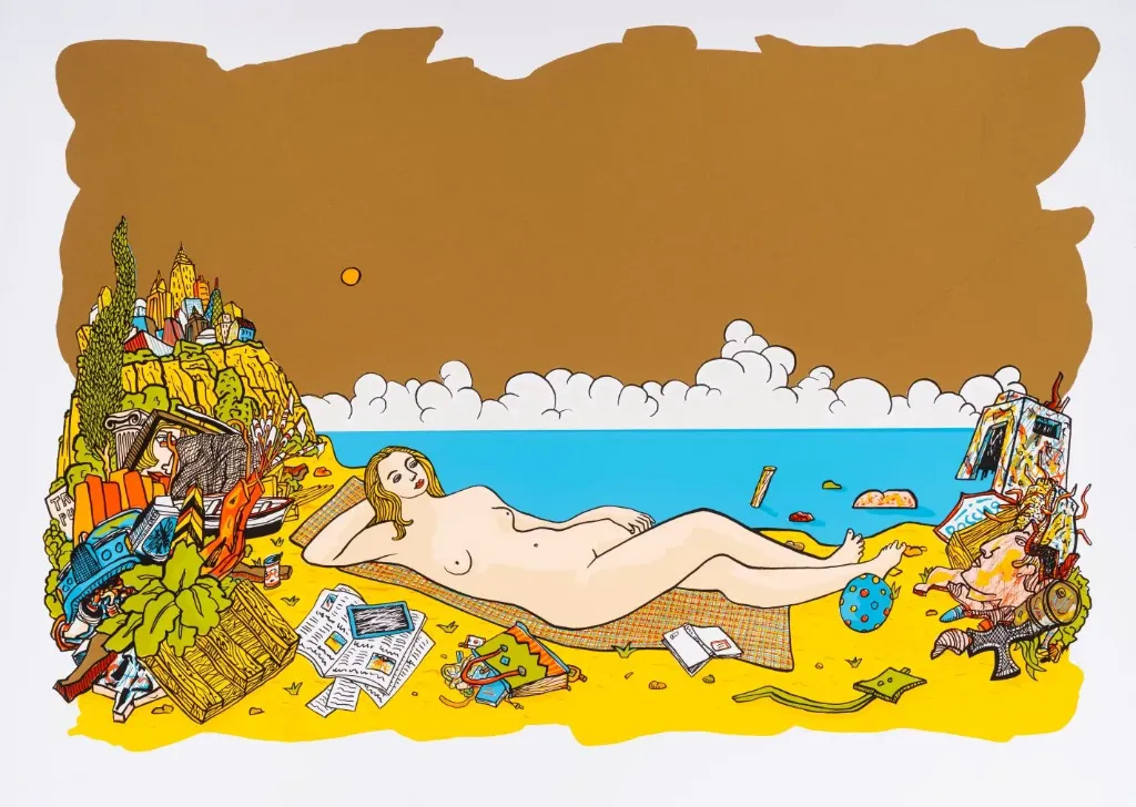 Moritz Götze (*1964): Am Strand (nach Cranach) (Gold) - (Farbgrafik / 2016, num. u. signiertes Blatt, Auflage: 25 Ex.)