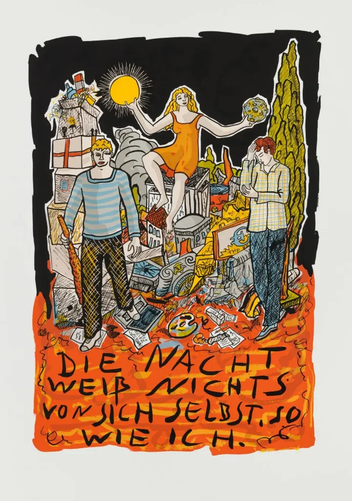 Moritz Götze (*1964): Die Nacht weiß nichts von sich selbst wie ich (Farbgrafik / 2019, num. u. signiertes Blatt, Auflage: 50 Ex.)