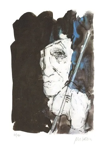 Selbst mit Geige - (Farblithographie / 2017, num. u. signiertes Blatt, Auflage: 180 Ex.)