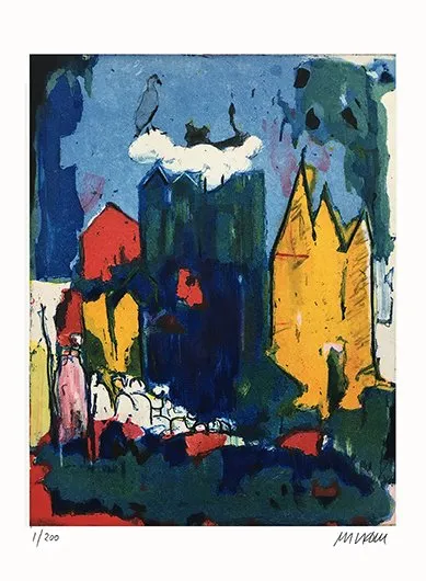 Menschen vor der Stadt - (Vorzugsgraphik mit Buch ´Der wien Vogel fliegen kann´: Farbradierung / 2019, num. u. signiertes Blatt, Auflage: 200 Ex.)