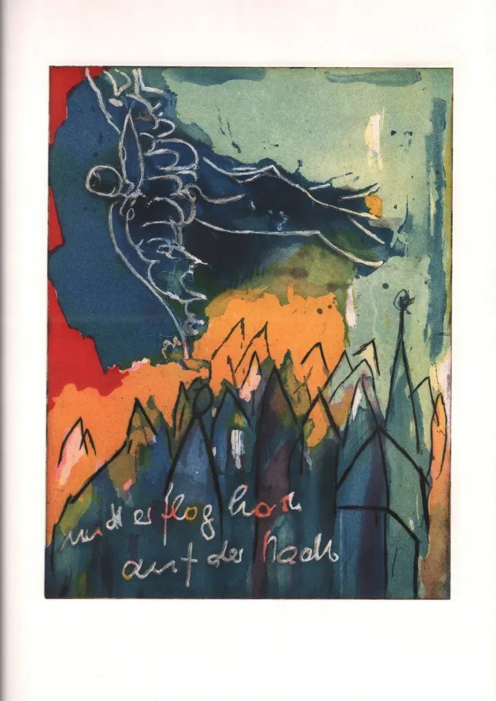 Er flog hoch auf der Stadt - (Farbradierung u. Aquatinta / 2019, num. u. signiertes Blatt, Auflage: 200 Ex.)