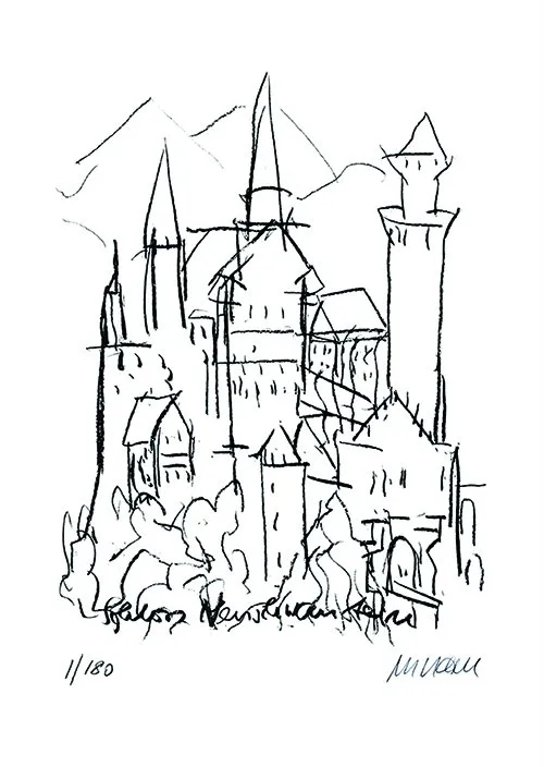 Schloss Neuschwanstein - (Lithographie / 2019, num. u. signiertes Blatt, Auflage: 180 Ex.)