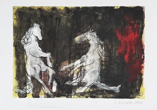Aufsteigende Pferde - Imagination and Magic - Horse Power - (Farblithographie / 2007, num. u. handsigniert von HENRY MASKE u. ARMIN MUELLER-STAHL, Auflage: 50 Ex.)