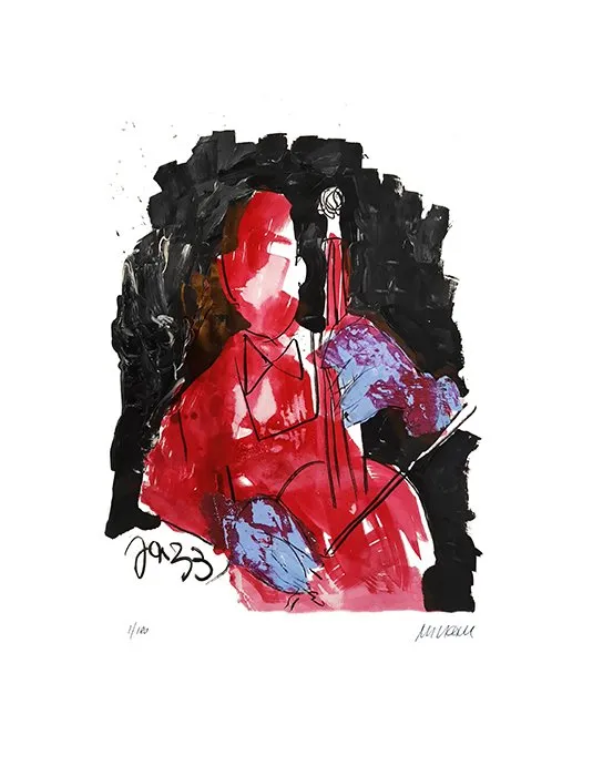 Bassist in Rot - (Giclée-Print / 2022, num. u. signiertes Blatt, Auflage: 180 Ex.)