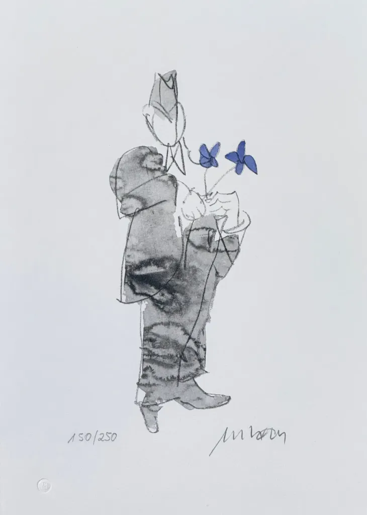 Armin Mueller-Stahl: ALLES GUTE in BLAU- (Lithographie / 2013, num. u. signiertes Blatt, Auflage: 250 Ex.)