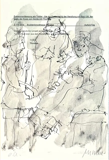 Die Lübecker - (Farblithographie auf Drehbuchtext 'Buddenbrooks' / 2008,  signiertes Blatt, "epreuves d'artiste"-Druck)