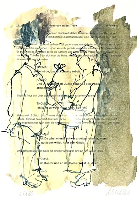 Blumenmädchen Anna - (Farblithographie auf Drehbuchtext 'Buddenbrooks' / 2008, signiertes Blatt, "epreuves d'artiste"-Druck)