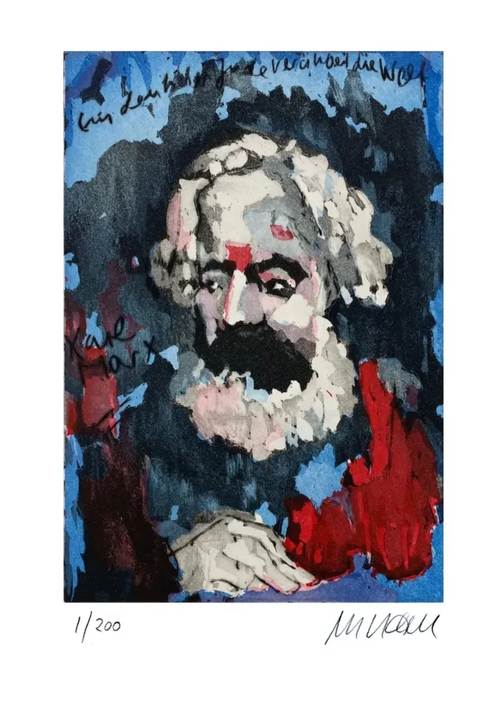 Karl Marx - Vorzugsgrafik mit dem Buch "Jüdische Freunde/Jewish Friends" (2022) - (Farbradierung / num. u. signiertes Blatt, Auflage: 200 Ex.)