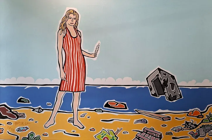 Moritz Götze (*1964):  Mädchen und Bunker - (Öl auf Leinwand / 2011, signiert, 120 x 80 cm, auf Wunsch in einer Holzleiste / Schattenfugen-Rahmen)